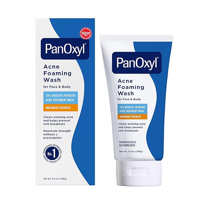 PanOxyl 10% Benzoyl Peroxide Acne Foaming Wash, Maximum Strength, Daily Acne-Fighting Face and Body Cleanser