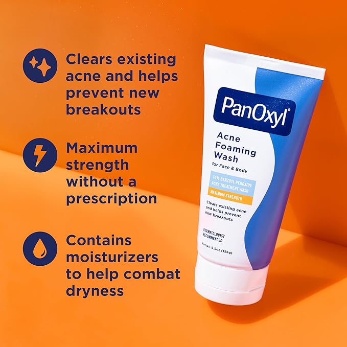 PanOxyl 10% Benzoyl Peroxide Acne Foaming Wash, Maximum Strength, Daily Acne-Fighting Face and Body Cleanser