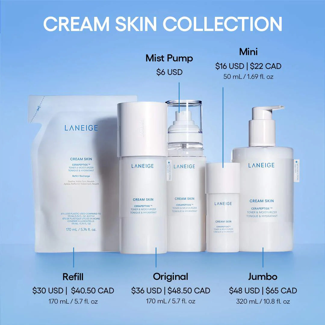 Cream Skin Refillable Toner & Moisturizer with Ceramides and Peptides