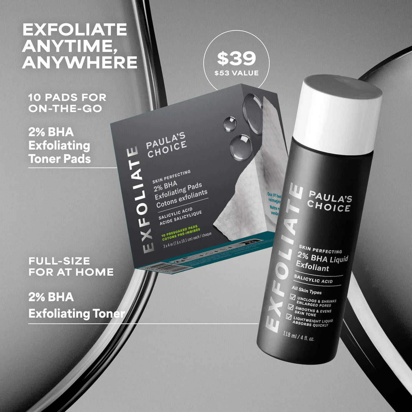 Home & Away Kit with 2% BHA Exfoliating Toner & Toner Pads for Clear Skin